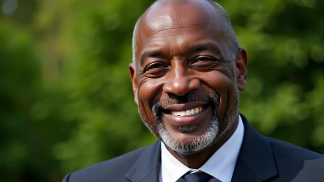 Thoughtful senior African American businessman with a distinguished beard against a vibrant green backdrop, radiating wisdom and experience in 4k video