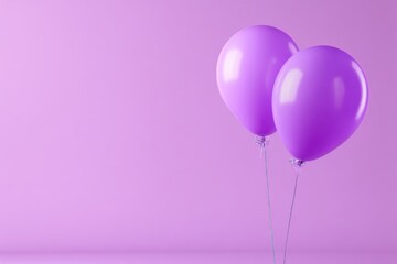Balloons flying against purple wall. Colored balls floating on a Violet background. Copy space. Festive decoration group. Valentine Day, Baby Birthday. Party shiny balloons bunch swaying backdrop