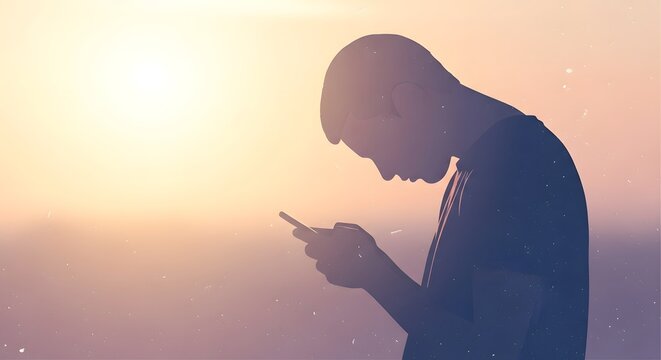 Person using smartphone engrossed in mobile device against a sunset symbolizing digital connection solitude and modern lifestyle trends.