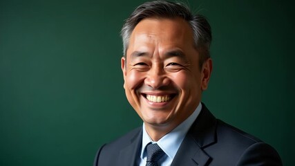Confident senior Asian businessman smiling warmly with short hair against a vibrant green backdrop, radiating success and experience in 4k video