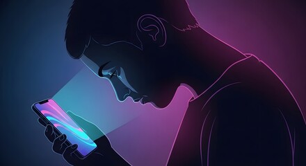 person using smartphone engrossed in the screen at night creating a futuristic glow effect for themes of technology and modern communication.
