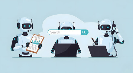 Robots using ai for data analytics customer support  online search showcasing automation  digital transformation in business operations.