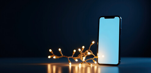 Blank screen smartphone placed on dark surface with glowing string lights. Commercial winter setup for ecommerce banners, online advertising and festive retail promotions.