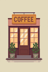 Obraz premium Pixel art composition of a modern coffee shop, blocky signboard above entrance, warm gradient windows casting soft glow, geometric square plants flanking doorway, designed with clean