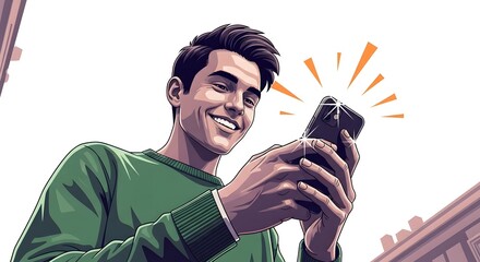Smiling man using mobile phone enjoying social media updates on a modern device connecting with friends and family illustrating digital lifestyle  communication