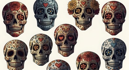 sugar skull art collection of colorful calaveras with floral designs evoking dia de los muertos celebrations perfect for cultural projects and hispanic heritage