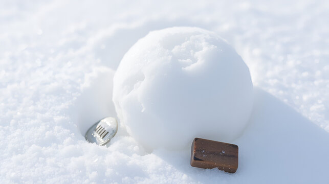 Close-Up Of A Round Snowball With A Small Rectangular Sample Next To It, Resting On A Snowy Surface