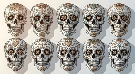 sugar skull pattern ornate calaveras in a vibrant repeating design for día de muertos showcasing traditional mexican folk art and cultural celebration