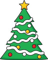 Festive cartoon christmas tree decorated with ornaments and star top for holiday season celebrations vector