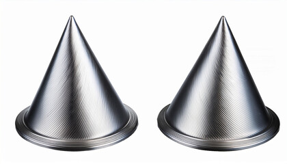 Fototapeta premium Two Metallic Silver Cones With Pointed Tips And Rounded Bases Isolated On A Transparent Background For Design Elements Isolated On Transparent Background