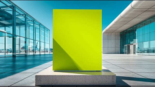 Bright green chroma billboard installed on concrete base in airport terminal environment, with runway and airplanes in background, glass fa ades on both sides, ready for advertisement replacement.