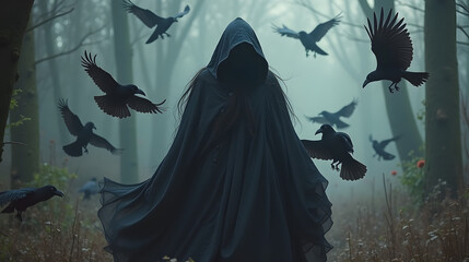 Dark forest witch with long flowing cloak surrounded by ravens