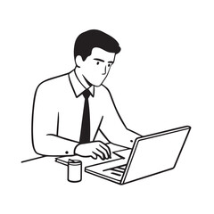 Black and white line art of a hardworking man at office desk with laptop and documents minimalist illustration