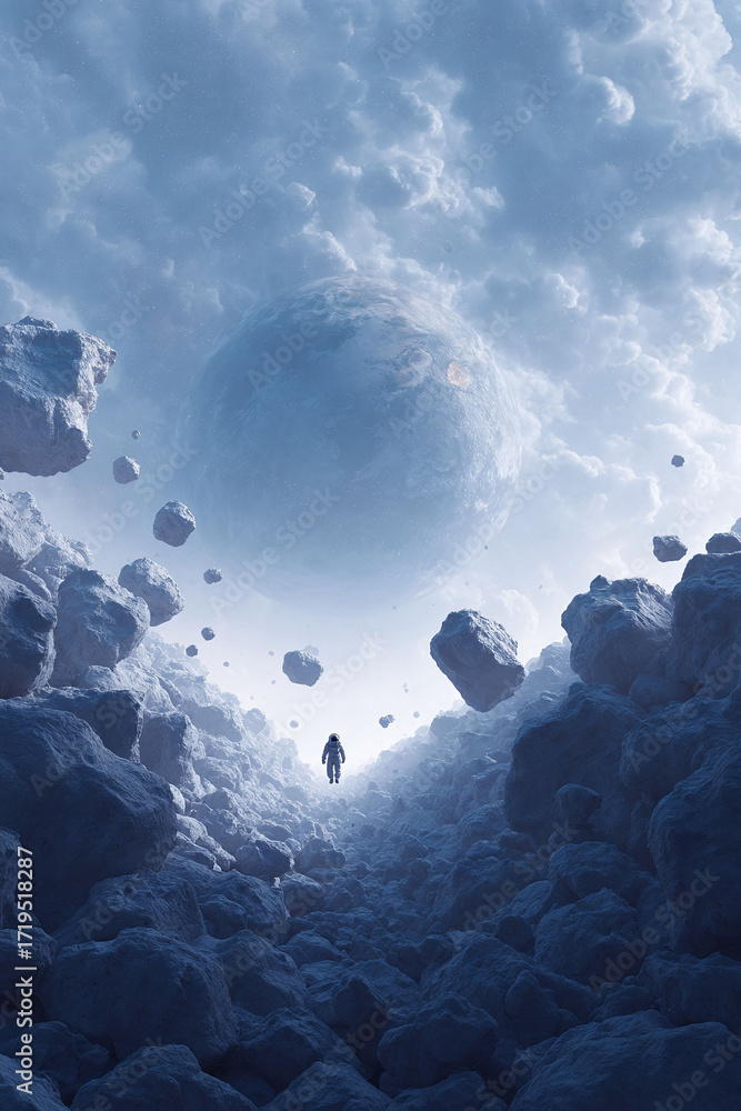 Poster lone astronaut floats through an asteroid field toward a distant planet, evoking themes of explorati