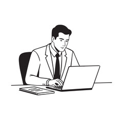 Black and white line art of a hardworking man at office desk with laptop and documents minimalist illustration