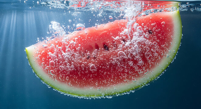 Refreshing watermelon slice submerged in sparkling water with vibrant colors, creating a cool and invigorating summer vibe for healthy lifestyle and culinary concepts, perfect for vibrant advertising