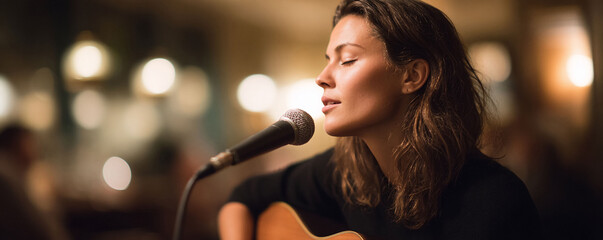 Passionate singersongwriter performing live. The warm, soft lighting evokes a feeling of intimacy and raw emotion. Perfect for music, arts, or entertainment themes.