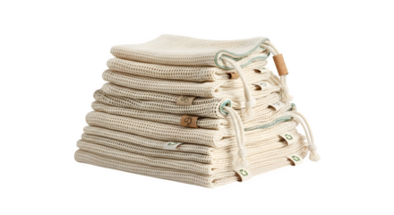Stack of reusable organic cotton mesh produce bags isolated on transparent background, ecofriendly and sustainable alternative to plastic for shopping