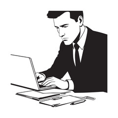 Black and white line art of a hardworking man at office desk with laptop and documents minimalist illustration