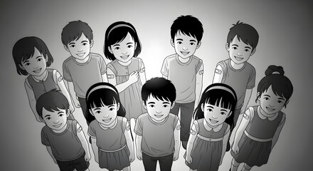 vaccinated children looking up a group of kids showing their bandaged arms after vaccination promoting child healthcare and medical campaign prevention