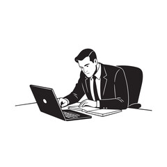 Black and white line art of a hardworking man at office desk with laptop and documents minimalist illustration
