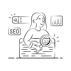A stylized illustration of a woman examining website content with a magnifying glass.