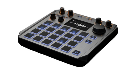 Modern midi controller isolated on transparent background for music production, djing, and audio editing with illuminated pads and knobs