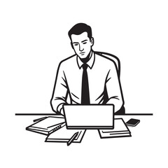 Black and white line art of a hardworking man at office desk with laptop and documents minimalist illustration