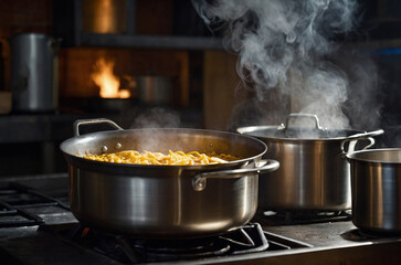 Detailed cinematic view of ladle resting above simmering pot, rising steam catching golden highlights, blurred foreground elements framing the scene, dramatic composition suggesting