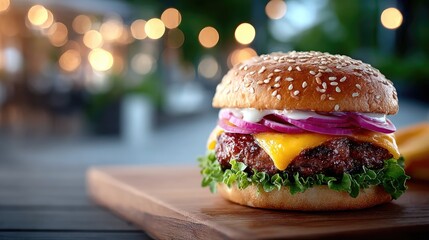 Close Up of a Juicy Burger with Red Onions and Melted Cheddar Cheese on a Wooden Board with Bokeh Background