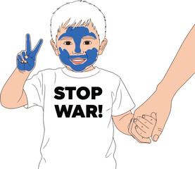 Child wearing stop war t shirt with blue face paint and peace sign symbol holding adult hand vector