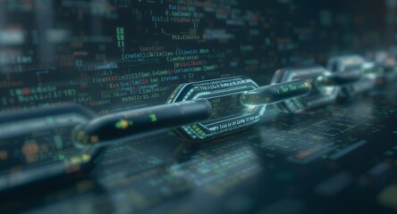 Abstract futuristic digital chain link technology concept, glowing hexagons on dark background with code