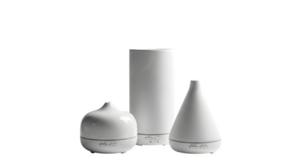 Modern white ceramic vases of different shapes isolated on transparent background, minimalist home decor for flowers or decorative accents