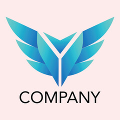 Obraz premium Abstract blue wings emblem with company text on a light pink background