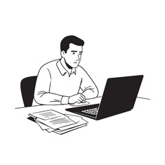 Black and white line art of a hardworking man at office desk with laptop and documents minimalist illustration