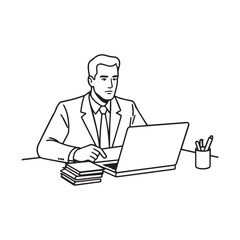 Black and white line art of a hardworking man at office desk with laptop and documents minimalist illustration