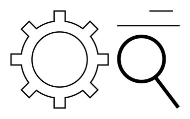 Gear icon paired with magnifying glass and lines conveys exploration, process improvement, and analysis. Ideal for search, settings, efficiency, research, investigation, strategy problem-solving