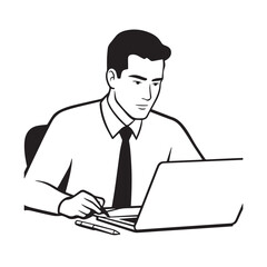 Black and white line art of a hardworking man at office desk with laptop and documents minimalist illustration