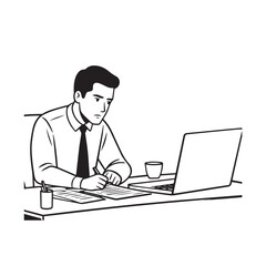 Black and white line art of a hardworking man at office desk with laptop and documents minimalist illustration