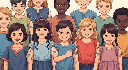 Vaccinated children smiling together showing bandages on their arms demonstrating child healthcare and immunization in a diverse group of kids