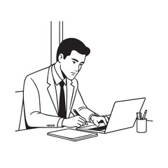 Black and white line art of a hardworking man at office desk with laptop and documents minimalist illustration