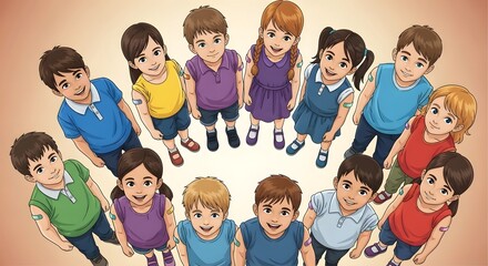 Vaccinated children standing in a circle smiling illustrating child healthcare vaccination campaign and protection against childhood diseases.