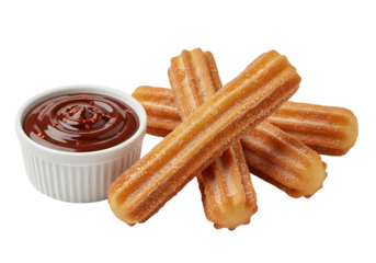Crispy churros are artfully arranged alongside a generous dollop of rich, dark chocolate dipping sauce.