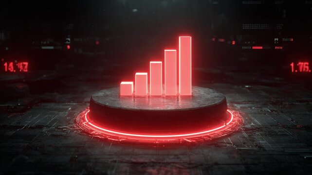 Downturn concept showing a red futuristic bar chart with falling values. Abstract animation symbolizing financial crisis, stock market crash, economic recession, and business bankruptcy