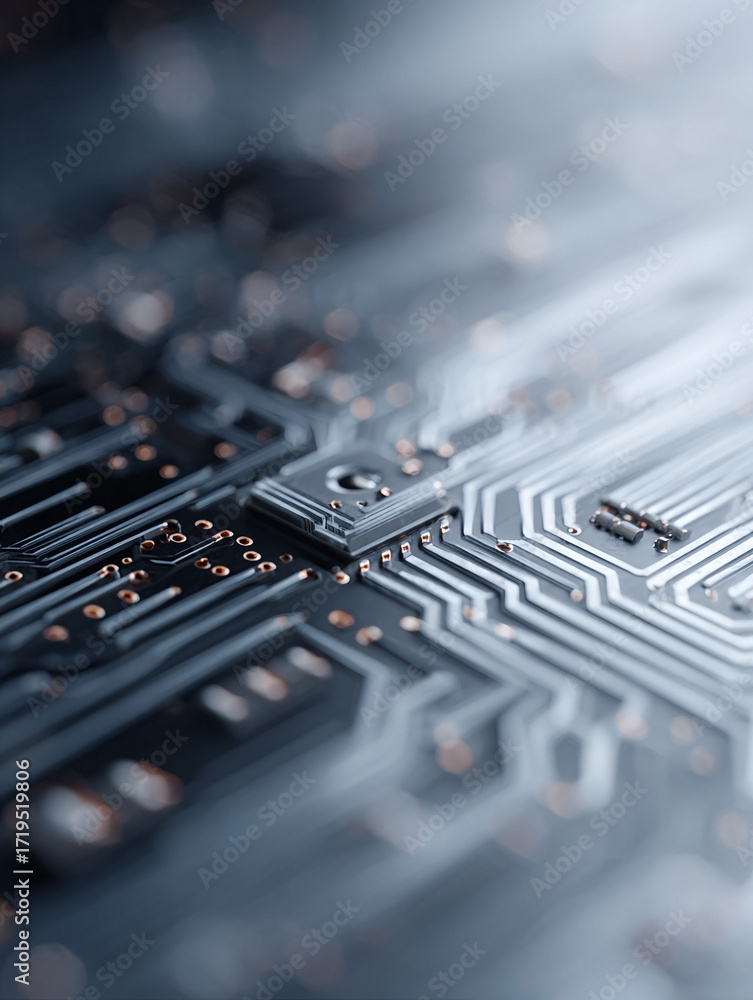 Poster closeup of a sophisticated circuit board showcasing intricate pathways and components. symbolizes te