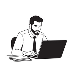 Black and white line art of a hardworking man at office desk with laptop and documents minimalist illustration