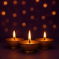 Golden diya lamps glowing on a dark purple background with bokeh lights.