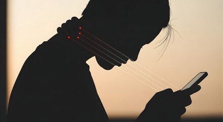 woman using smartphone with forward head posture illustrating tech neck syndrome and poor posture against a warm background for health awareness