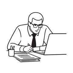 Black and white line art of a hardworking man at office desk with laptop and documents minimalist illustration