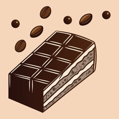 Delicious hand drawn chocolate bar slice with coffee beans floating above on a simple background